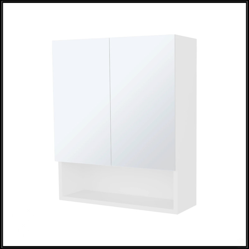Armoire à pharmacie blanche avec portes en miroir et rangement ouvert