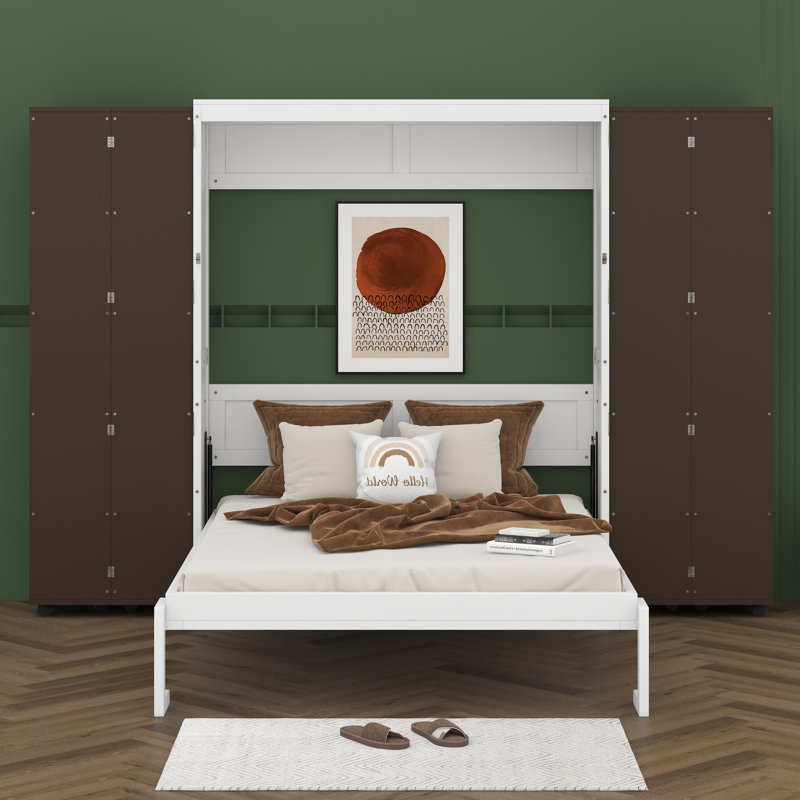 Queen Murphy Bed Wall Bed With Push-Pull Foldable Storage Cabinets, Hidden Bedframe, Foldable Platform Beds, Espresso