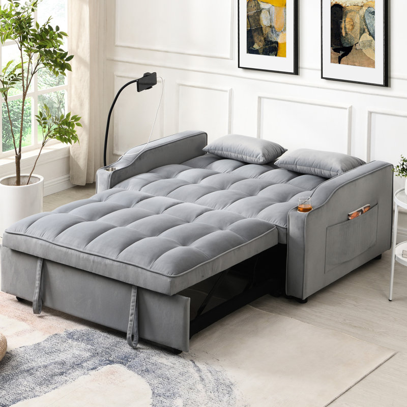 Dark Grey, Bed, Trundle, High - Quality Velvet, 2 Seat, Convertible, Sleeper, Recliner, Adjustable Back, Sitting, Lying, Sleeping, Easy To Clean, Up, Pillows, Comfort, Ports, Phone Stand, Use