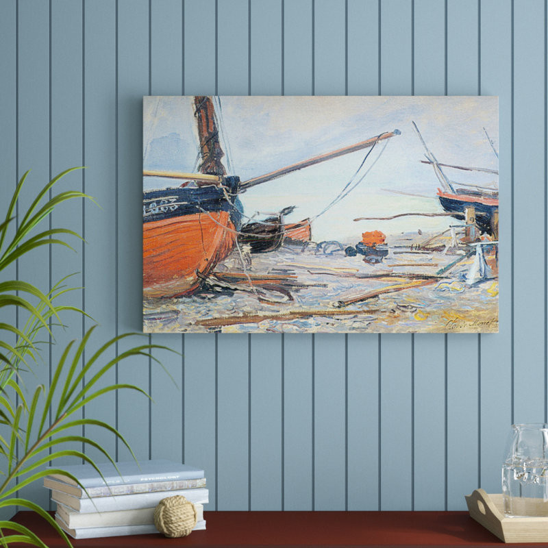 « bateau on the beach », reproduction de peinture à l’acrylique, H 26 po x l 36 po x P 1,5 po, Cadre noir