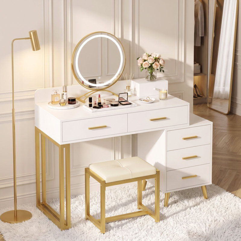 Meuble-lavabo avec miroir et tabouret Foivos, Blanc