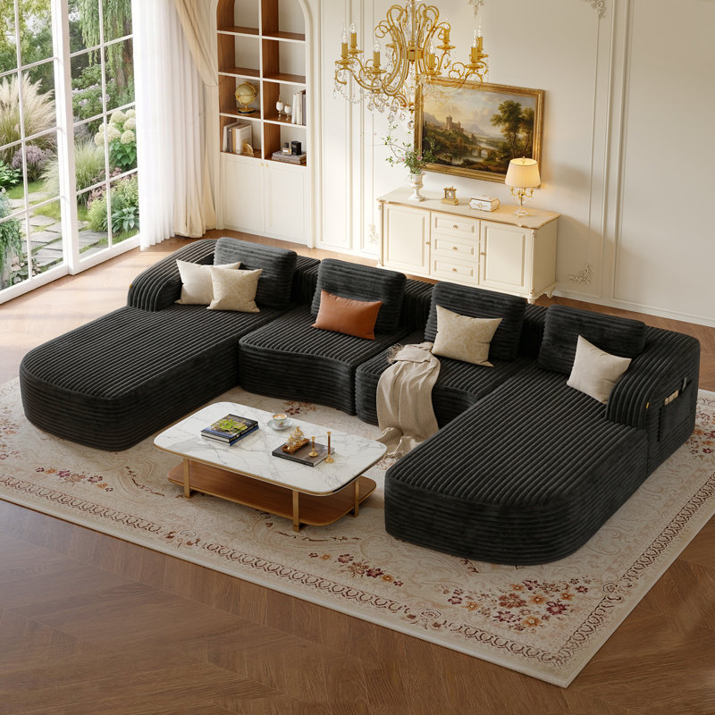 Canapé modulaire surdimensionné en U de 148,8 pouces de largeur avec onde surélevée en tissu rayé de 148,8 pouces, Noir