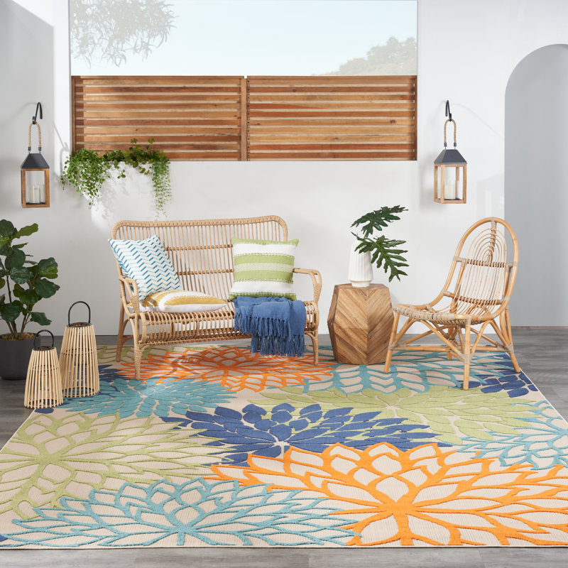 Alsaedi Floral Green/Blue/Orange Indoor/Outdoor Area Rug, Rectangle 12' x 15'