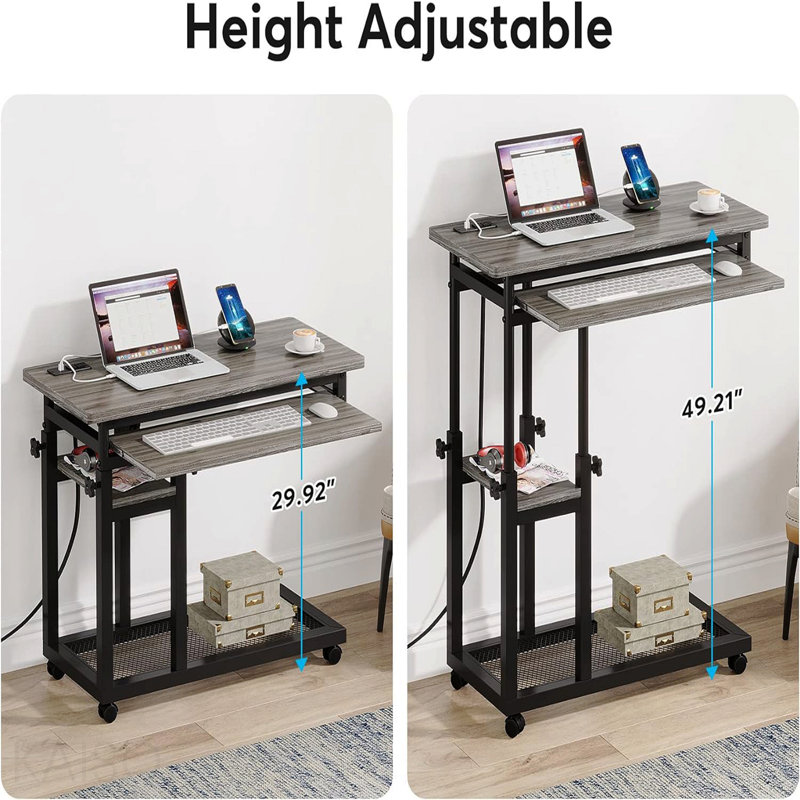Bureau gris en forme de C à roulettes réglable en hauteur avec prise de courant, Grey+Black