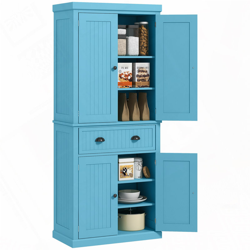 Armoire de cuisine 72 po, grande armoire de rangement autoportante, armoire de cuisine traditionnelle avec 4 portes, tiroir et 3 tablettes réglables 