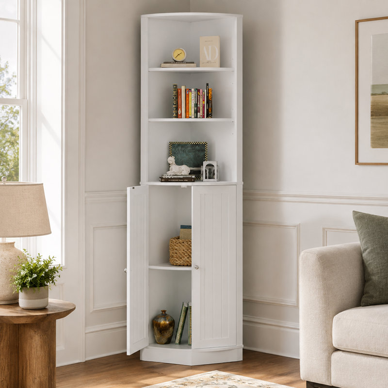 Meuble de rangement en coin pour salle de bain Cvitorel de 170 cm de hauteur avec étagères réglables et dispositif antibasculement