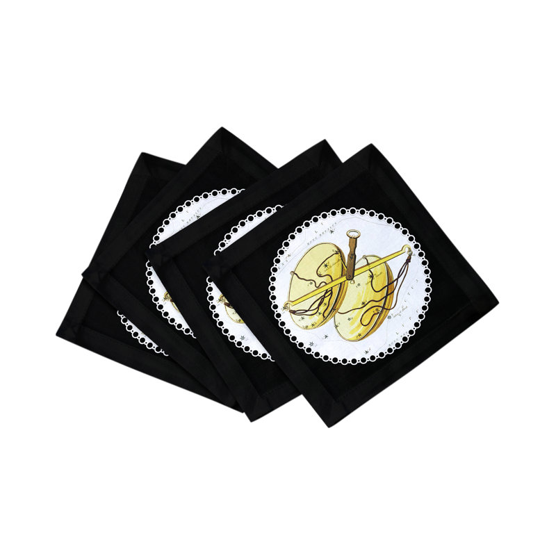 Zodiac Libra Cotton Sateen Cocktail Napkins, Black