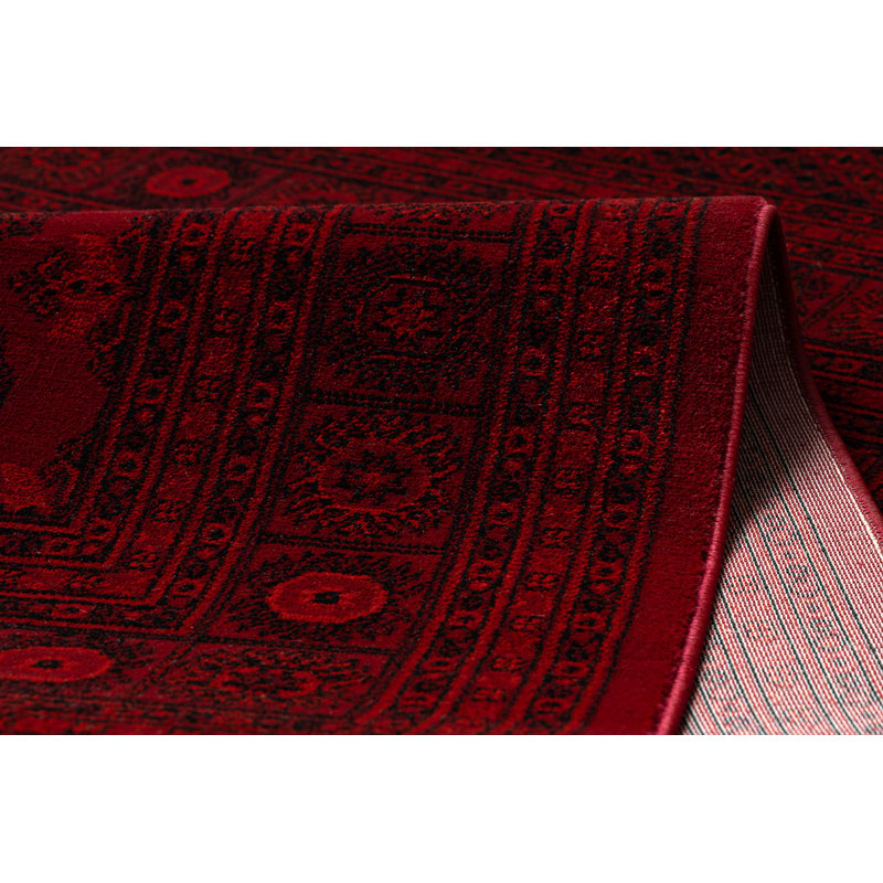 Luca 6889 – Classic Bukhara rug with fringes in burgundy & black – Lucaal rug with frame pattern, Rectangle 150 x 230 cm
