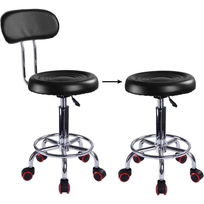Adjustable Salon Stool With Backrest – Rolling Swivel Chair With Hydraulic Lift And Wheels, Adjustable Height For Office, And Shop Use – Black