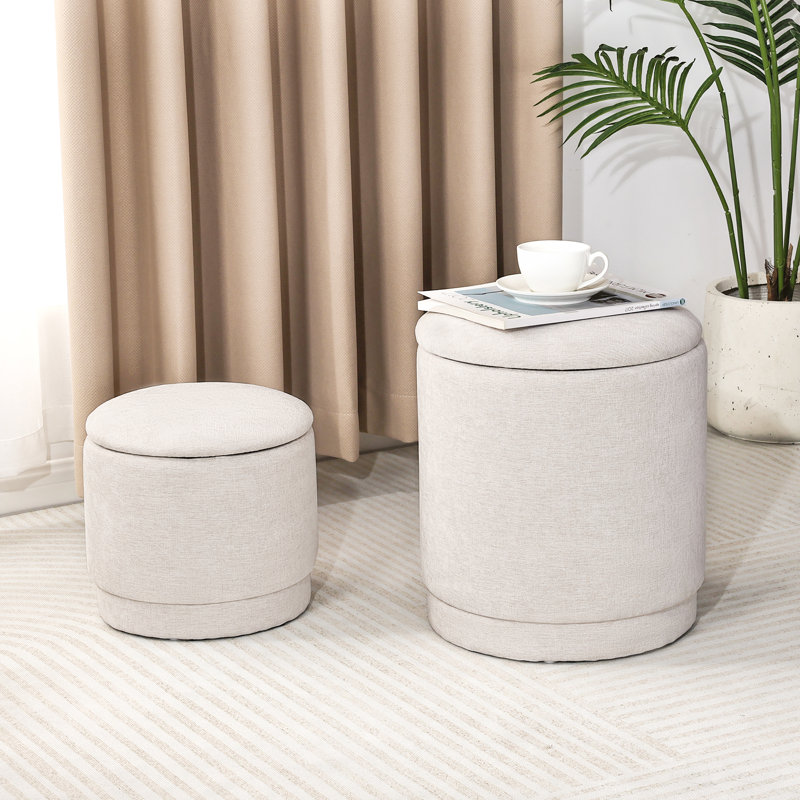 Set of 2 Round Fabric Storage Ottoman Footstool, Oatmeal