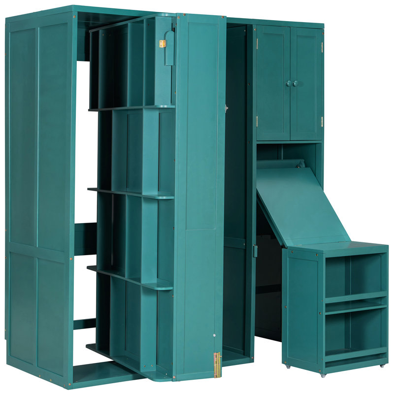 Lit simple bleu sarcelle rotatif avec plan de rangement pour bibliothèque, solution de rangement pour armoire supérieure, surface de travail escamotable et compartiments latéraux à l'ombre, bibliothèque intégrée, boîte dissimulée intégrée, zone extensible