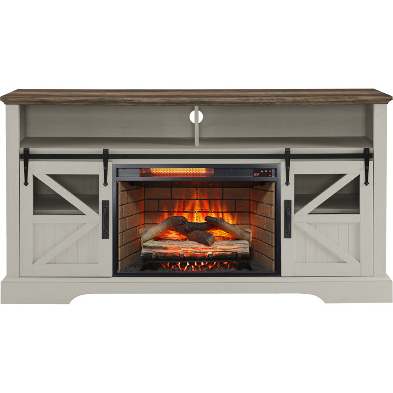 60 Inch Electric Fireplace Entertainment Center With Door Sensor, Brown/White