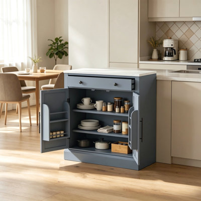 Modern Freestanding Kitchen Pantry Buffet Food Storage Coffee Bar Cabinet with Drawer, 2 Adjustable Shelves and 2 Door Shelves for Dining Kitchen, Gra