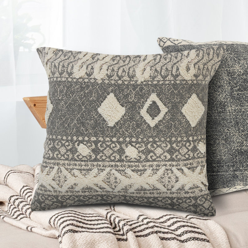 Housse de coussin carrée gris délavé Stonewashed, Polyester/ bourre en polyester