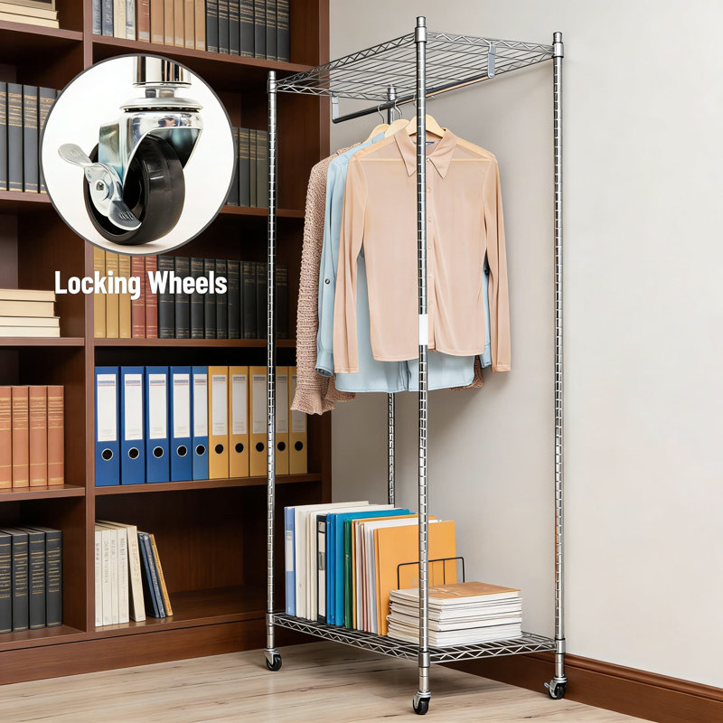 Portant à vêtements robuste avec barre de suspension réglable, tablettes doubles et roues verrouillables - Organisateur de vêtements en acier chromé