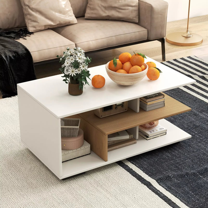 Farnum Four Leg Coffee Table with Storage, White, White/Brown
