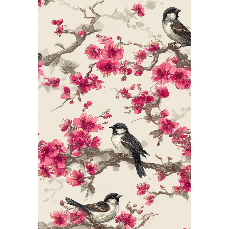 Papier peint floral avec oiseaux et fleurs de cerisier amovibles, Peler et coller