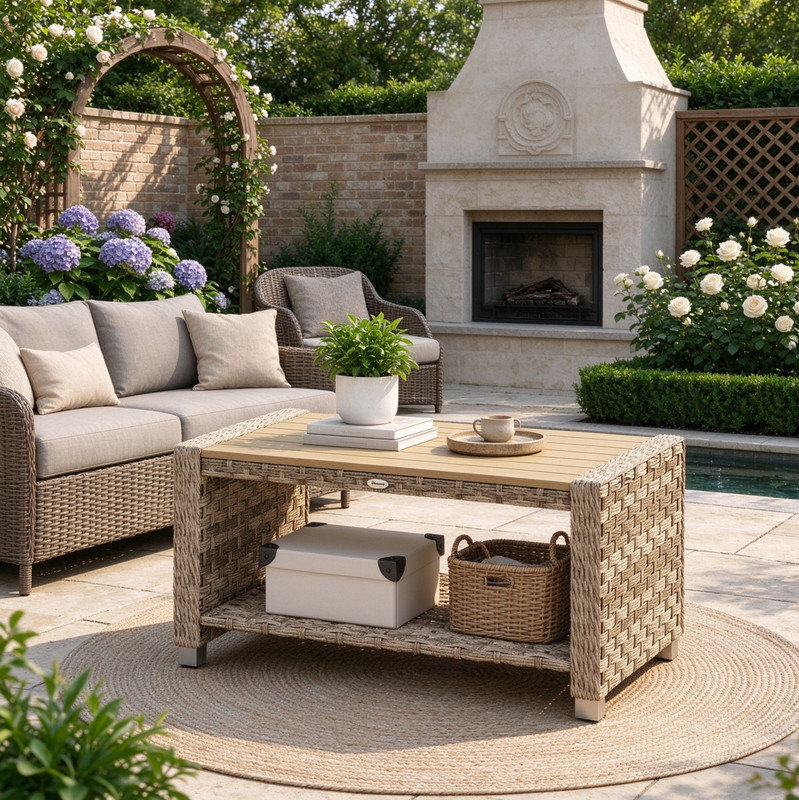 Weather Resistant Rattan Coffee Table with Storage Shelf for Outdoor Living