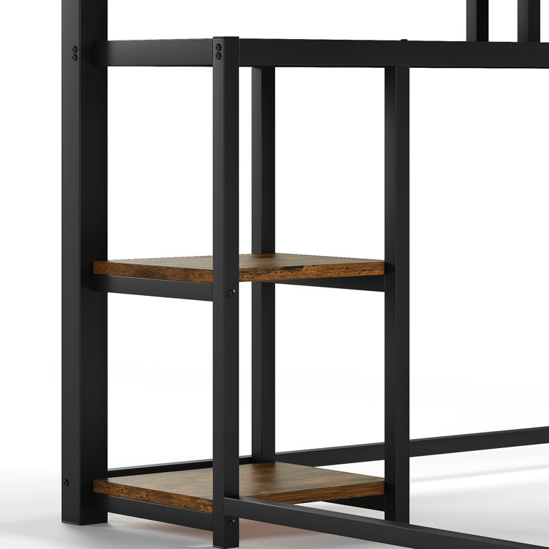 Lit mezzanine simple en métal noir TG avec bureau d'étude et tiroirs de rangement en tissu, zone de sommeil silencieuse, installation de réduction du bruit