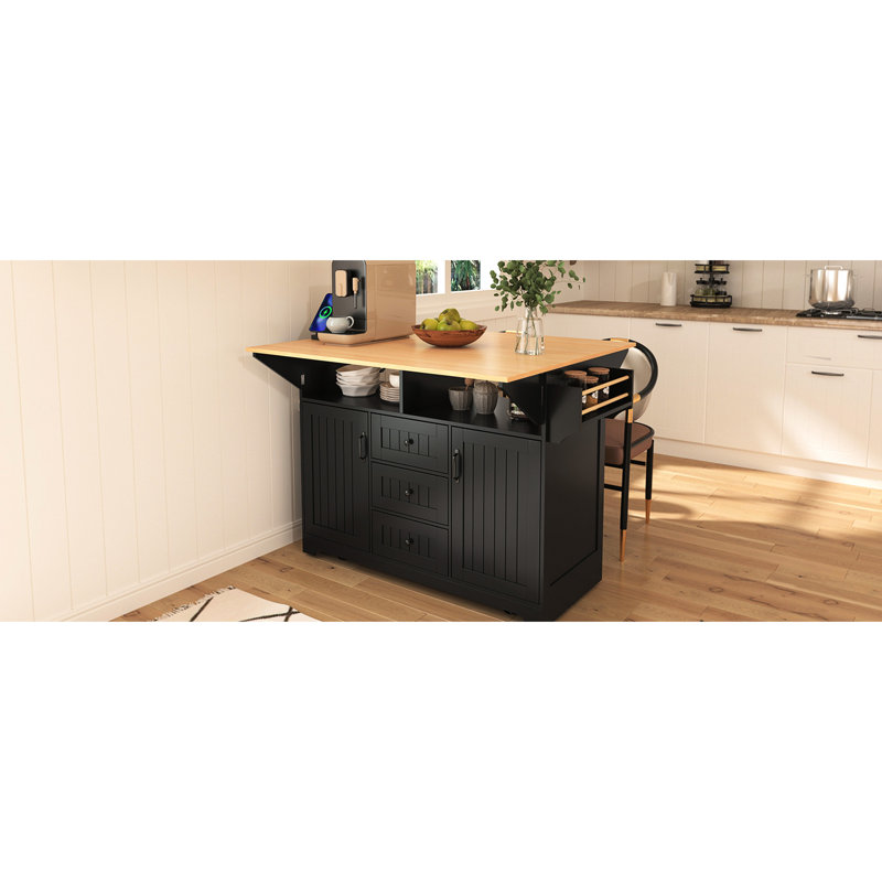 55.7" Kitchen Island Cart With 2 Drop Leaf, Folding Design, Power Outlet, Storage Dining Table, 3 Drawers, Black Color Rolling, Compartment Cabinet,