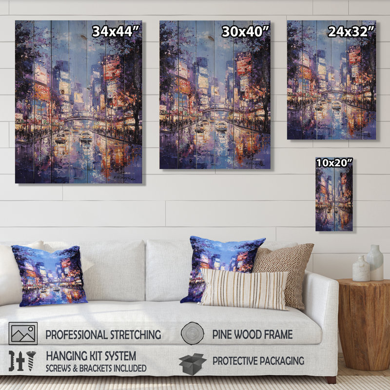 «Akihabara Electric District», impression de bois bleu industriel sur bois de pin naturel, H 40 po x l 30 po