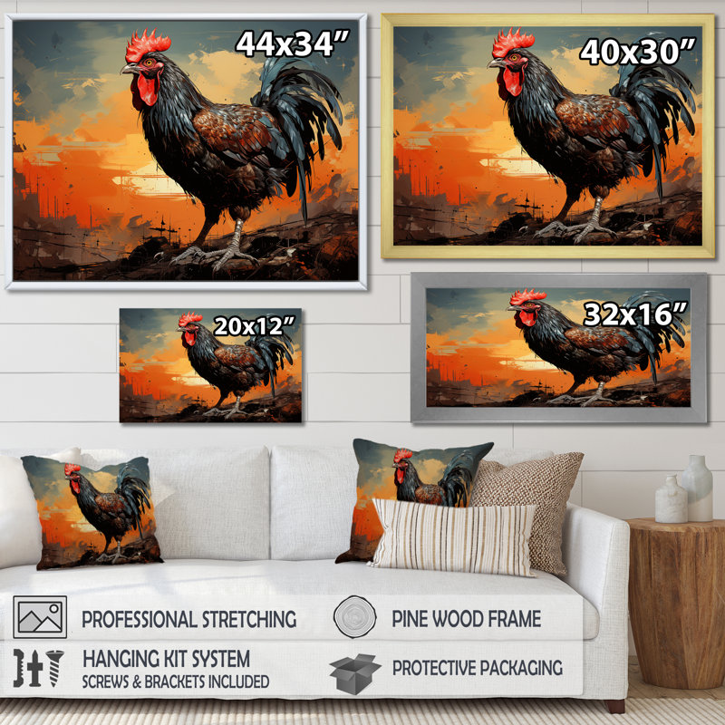 Coucher de soleil coqs de ferme I - Art mural coq, Cadre flottant noir, H 12 po x l 20 po x P 1 po