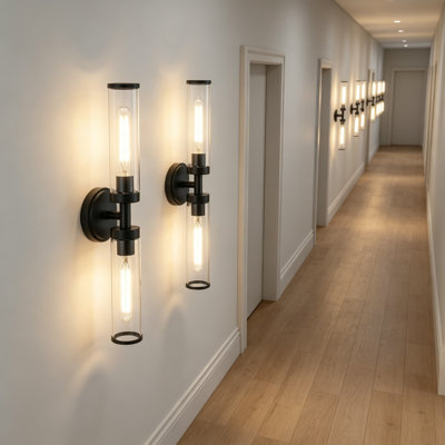 Matte Black Wall Sconces Set of Two, Modern Bathroom Light Fixtures with Clear Glass Shades, Hardwired Wall Lights for Bathroom Mirror, Living Room, Hallway, Bedroom, E26 Socket, 2-Pack