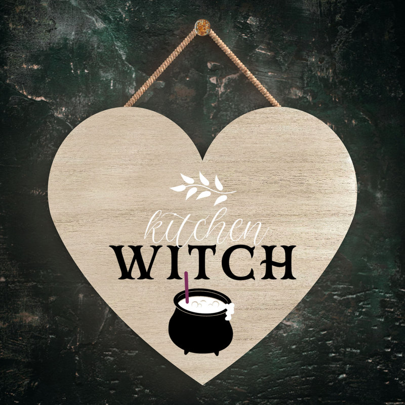 Kitchen Witch Wooden Heart Plaque, 10cm H x 9cm W x 0.5cm D, Brown
