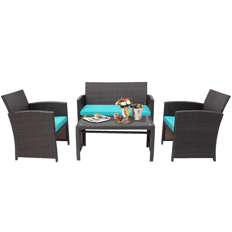 Ensemble de conversation avec canapé en rotin 8 pièces Duplantis, Turquoise, 2
