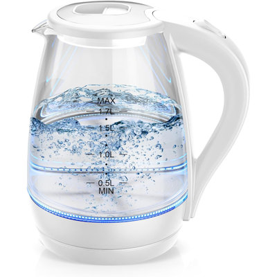 Bouilloire électrique, bouilloire de 1,7 L et chaudière à eau chaude pour café et thé, chauffe-eau et théière, arrêt automatique, verre borosilicaté, blanc, 1 200 W, blanc