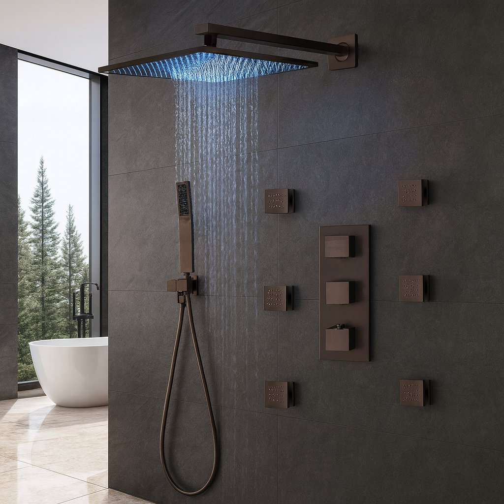 Fontana Trialo Rain Shower Head with Adjustable Body Jets Solid Brass Light Oil Rubbed Bronze Finish FontanaShowers
