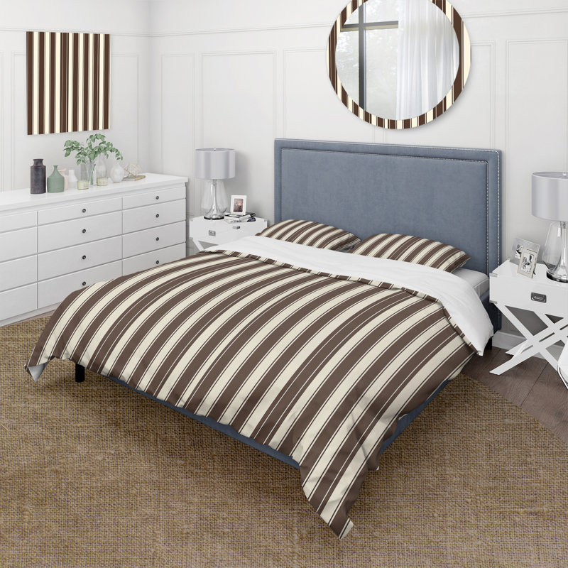 Brown White Stripe Pattern II - Traditional Duvet Cover Set, King Duvet Cover + 2 King Shams