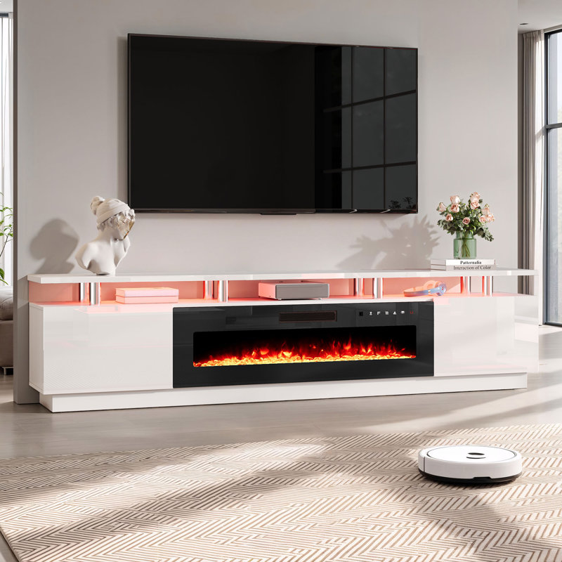 Bhhatu 2 Tier High Gloss TV Stand with Electric Fireplace Included, White/Black, 90"