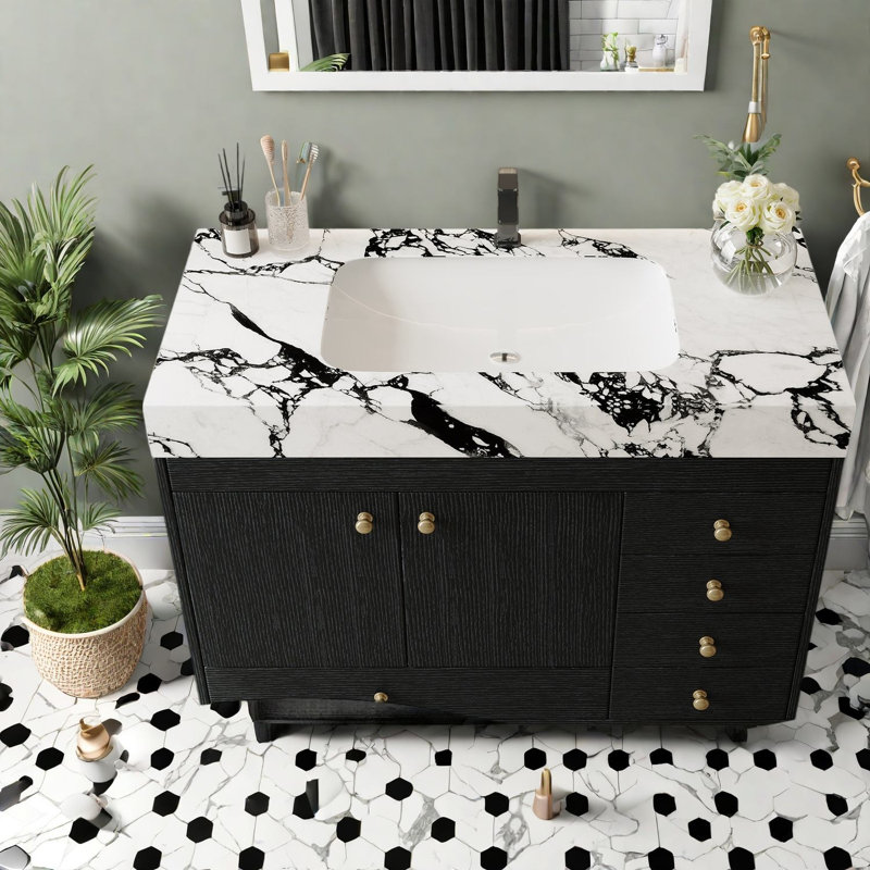 Meubles-lavabos spacieux avec rangement (incluant le meuble et le lavabo), salle de bain moderne en marbre et bois de 91 cm (36 pouces).