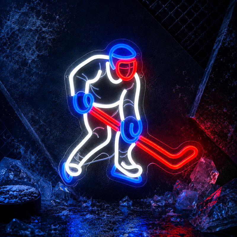 Enseigne lumineuse au néon joueur de hockey – Décoration murale à DEL bleue, rouge et blanche