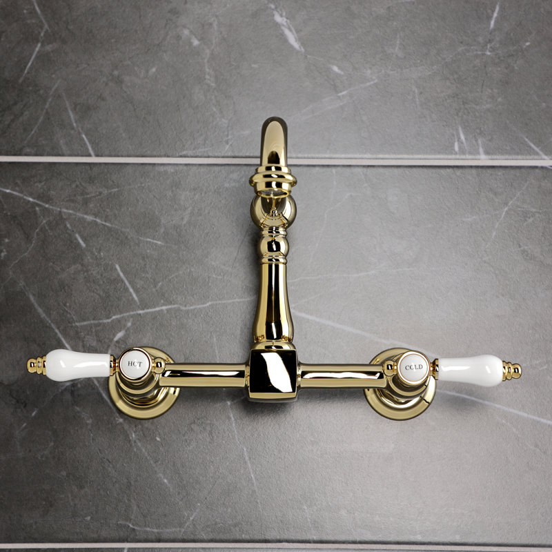Kingston Brass Bel-Air Double-Handle 2-Hole Wall-Mount Bridge Kitchen Faucet, Polished Brass