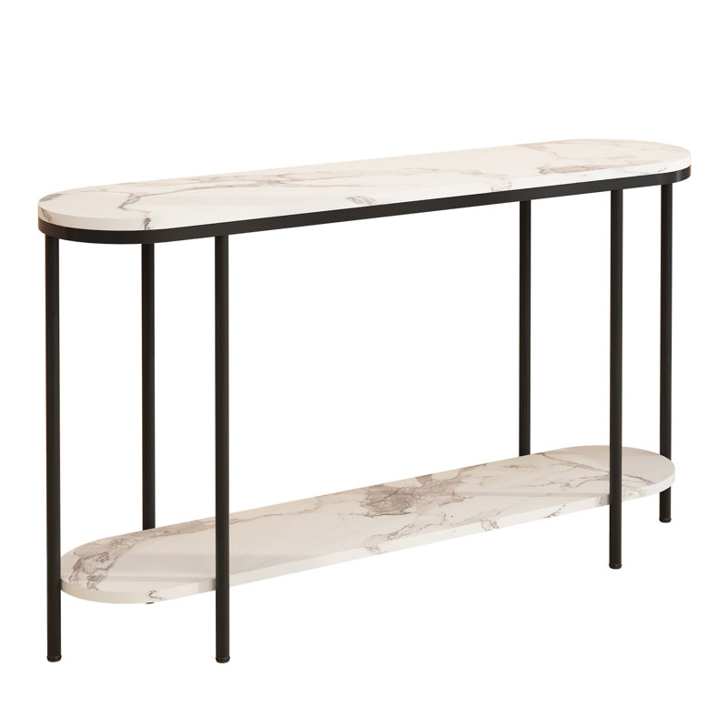 42" 2-Tier Faux Marble Console Table, Narrow Entryway Sofa Table with Metal Frame for Small Spaces, Black