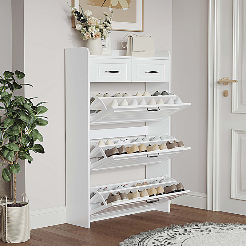 Shoe cabinet with 3 doors 2 drawers, large space for storage, White