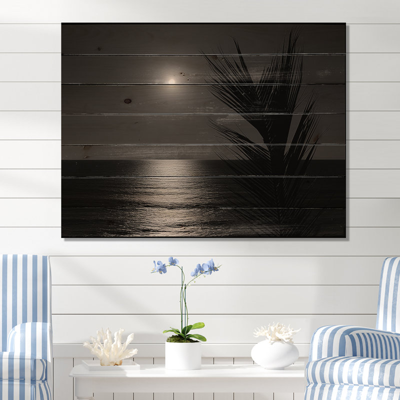 Palmier noir et blanc au clair de lune - Art mural en bois tropical côtier sur bois de pin naturel, H 30 po x l 40 po