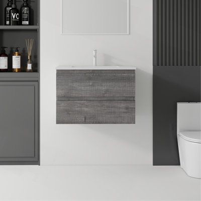 Meuble-lavabo suspendu de 61 cm (24 pouces) avec lavabo, tiroir à fermeture douce, lavabo en céramique et contreplaqué.