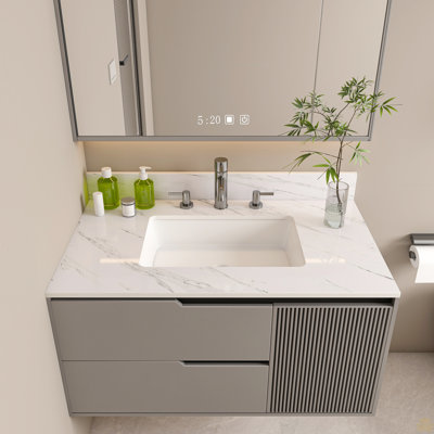 37 Inch Marble Vanity Top, Vanity Top With 3 Pre-Drilled Faucet Holes, Bathroom Vanity Top With Undermount Rectangular Middle Sink