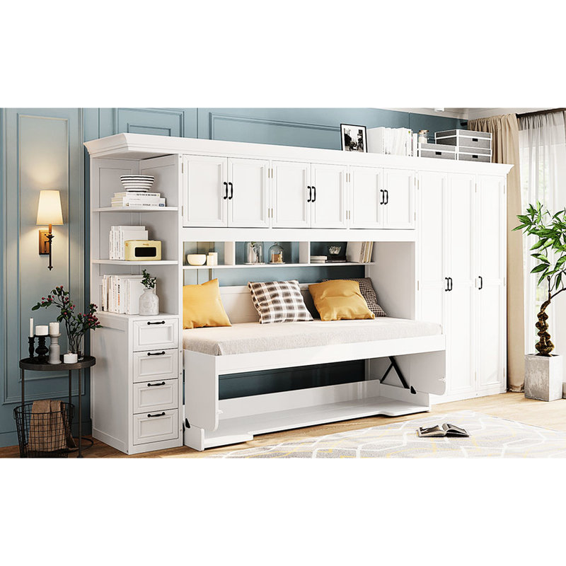 Lit simple blanc avec garde-robe et tablettes latérales - idéal pour les espaces de vie compacts, Blanc