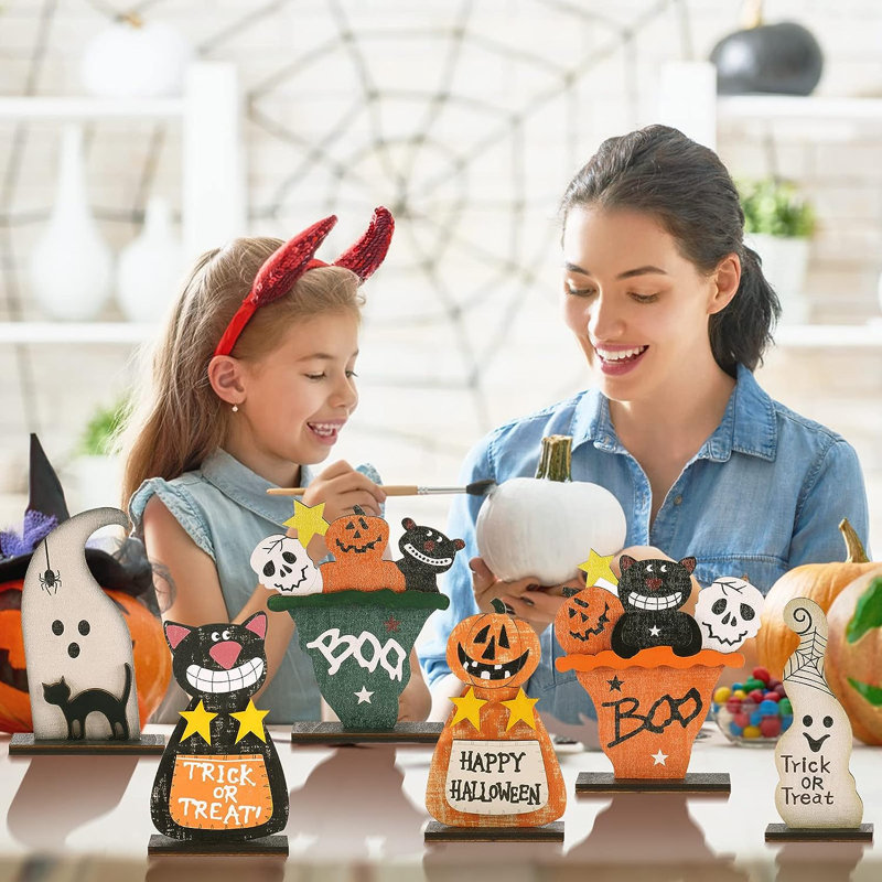 Rustic Wooden Halloween Figurines Set with Black Cat and Pumpkin Monster