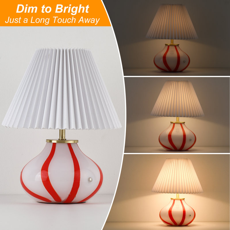 Cordless LED Table Lamp Rechargeable,3600mAh Battery, 3-Level Touch Dimming, 3000K Warm, Portable, Hand-Blown Glass, Pleated Shade