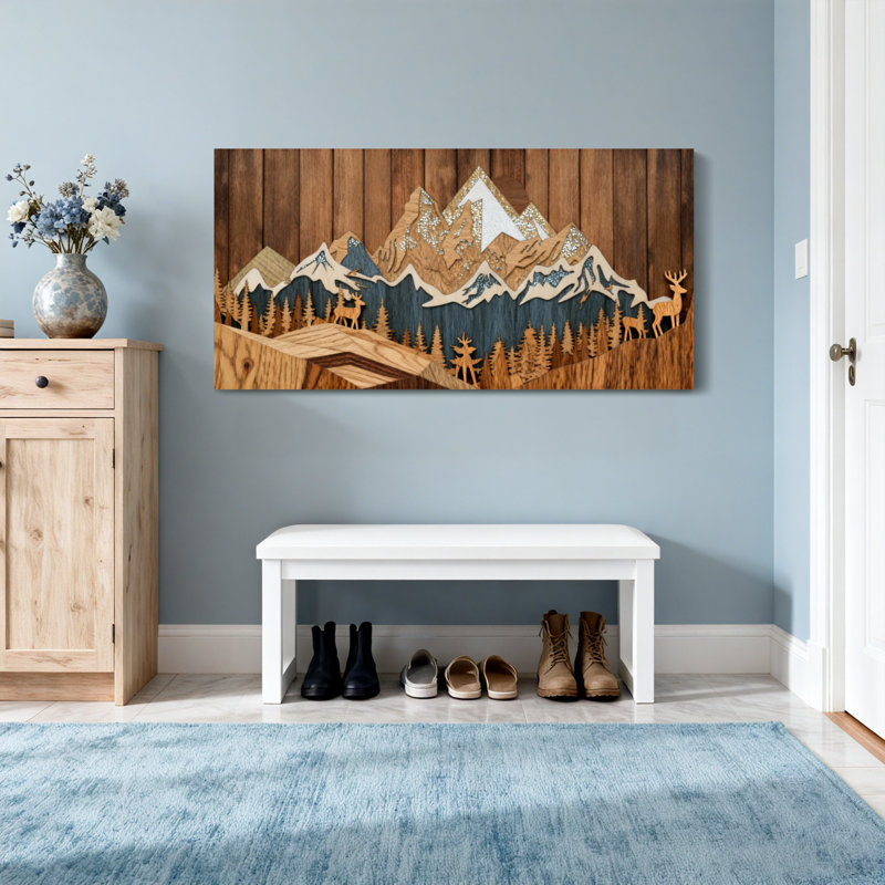 Paysage et nature Paysage de montagne avec des cerfs et des arbres, H 16 po x l 32 po