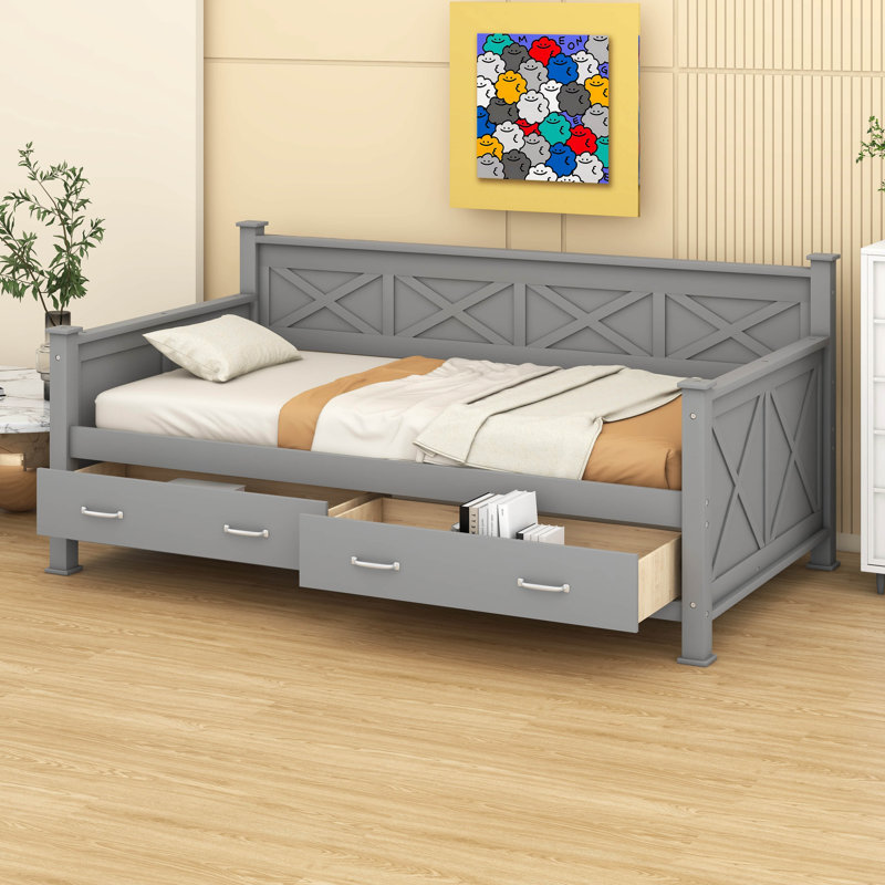 Twin Szie Pine Wood Daybed With Storage Drawers And Safety Armrests, Gray