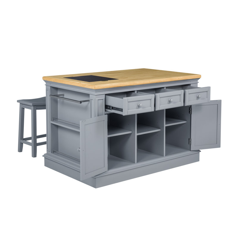 Posie Kitchen Island With 2 Stools, Gray