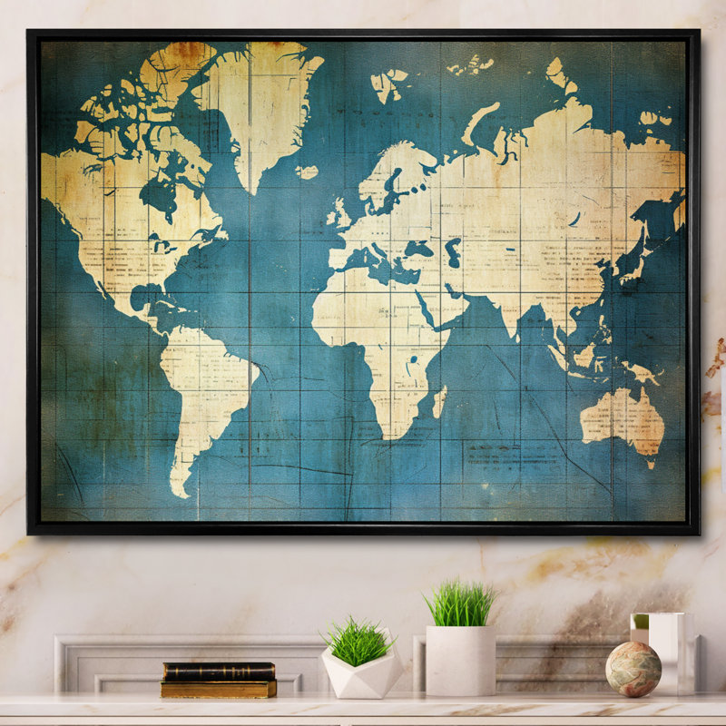 Ancienne carte du monde VI, reproduction d'art sur toile, H 12 po x l 20 po x P 1 po, Cadre flottant noir
