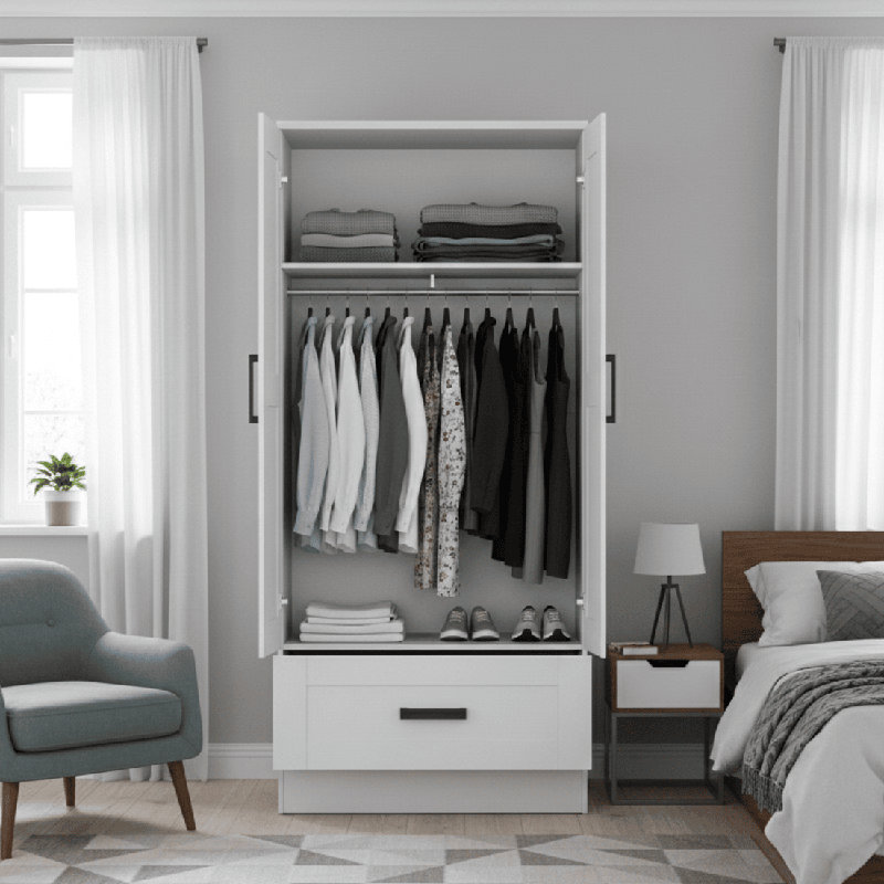 Armoire-penderie 2 portes et 1 tiroir, Blanc