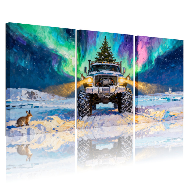 «Christmas Aurora Truck Snow Bunny Reflection Night Sky», ensemble de 3 impressions sur toile, H 36 po x l 72 po